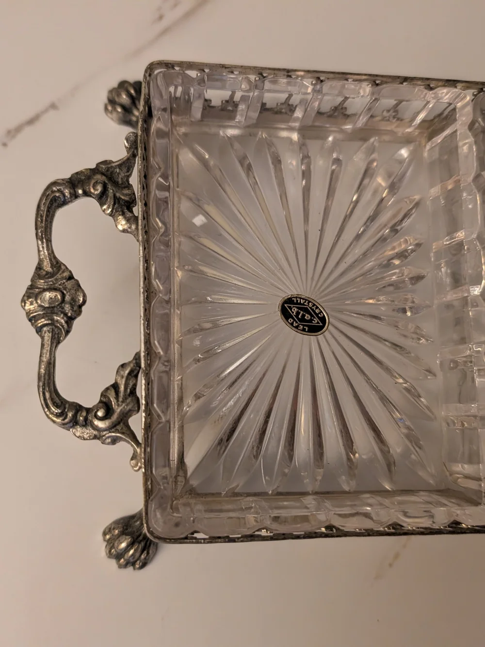 Vintage 1969 Italian Lead Crystal Relish Set 3 Section Silver Plated Footed Tray